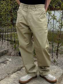 DAZY Plain Olive Green Men's Casual Baggy Cargo Pants, All Season - Army Green - View 1