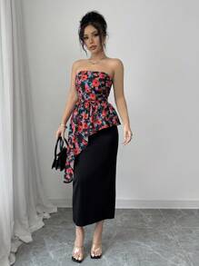 Elenzga Valentine's Day Women Elegant Romantic Floral Asymmetric Patchwork Ruched Waist Bodycon Tube Dress - Black - View 5