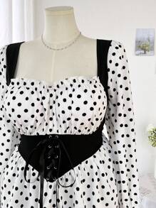 Flirla Plus Size French Style Square Neck 2 In 1 Lace-Up Long Sleeve Frill Trim Shirt For Women Fall Cloth For Women - Multicolor - View 3