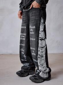 ROMWE MEN Street Life Jeans anchos con estampado de letras desgastados con bolsillo para hombre - Negro - Ver 4