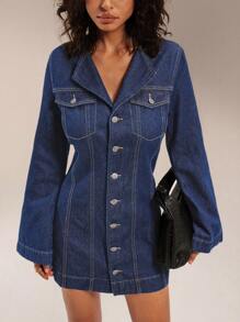 Forever 21 秋冬新款翻领收腰水洗 A 字长袖牛仔夹克连衣裙 - 藍色 - 查看 4