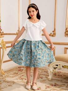 2pcs Tween Girls Solid Bow Decor Shirt And Floral Jacquard Mini Skirt Set - Green - View 5