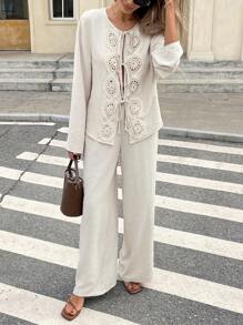 Serisse Set de 2 piezas con camisa de manga larga con lazo frontal de encaje y pantalones, conjunto de 2 piezas de unicolor de encaje francés con lazo frontal de manga larga, casual, para uso diario, conjuntos de verano, primavera y otoño, y conjuntos de vacaciones de lino