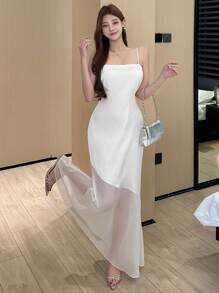 DAZY 女式白色透明网眼拼接长款吊带裙，春夏 FirstDateOutfits 优雅正式女装 - 白色 - 查看 4