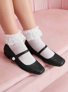 CUCCOO DOLLMOD Women's Flat Red Square Toe Plaid Mary Jane Shoes, Campus Style Japanese Cute Low Heels - Black - View 3