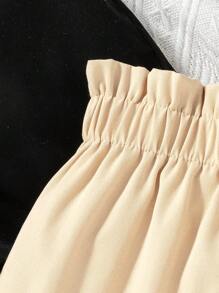 SHEIN Young Girl' Fashion Simple Woven Ribbed Elastic Waist Single Row Button Ruffle Hem Shorts, Black & Apricot, Multi-Piece Set - Multicolor - View 3