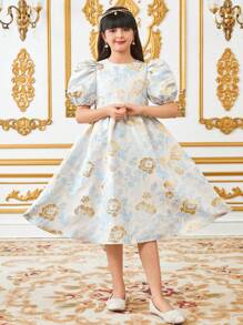 SHEIN Leap Crew 女童合身可爱圆领泡泡袖提花面料迷你连衣裙 - 藍色 - 查看 4