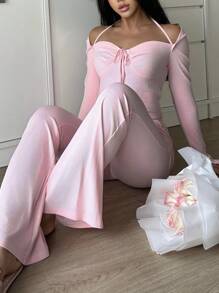 Miss Vinta Y2K Style Women Valentine's Day Casual Lounge Set Outfit Cozy And Elegant Details, Fall Winter Clothes - Baby Pink - View 3