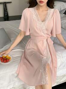 DAZY Women's Short Sleeve Lace Patchwork Ruffle Sleeve Sleepwear Robe