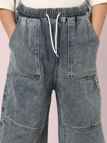 SUMWON 男女通用阔腿牛仔裤，撞色拼接，秋冬休闲街头风格，宽松木匠裤，高腰套脚溜冰时尚