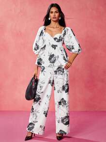 Oxana Designer Women's Black And White Silhouette Floral Print Elastic Waistband Comfortable Wide Leg Casual Pants, Valentine's Day, Festival - Multicolor - View 2