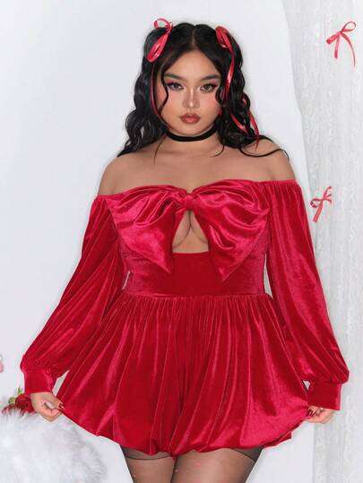 Kawaii Große Größen Damen sexy samtiges trägerloses Romper mit Schleifen Dekor, perfekt für Weihnachten und Valentinstag