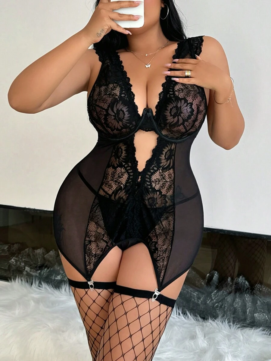 SHEIN Set de 2 piezas Lencería sexy vestido de contraste de encaje y malla talla grande - Negro - Ver 1