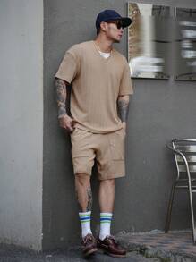 DAZY Bộ quần short lưng thun co giãn có dây rút bằng vải họa tiết mùa hè dành cho nam kèm áo phông màu kaki - Màu Khaki - Xem 3