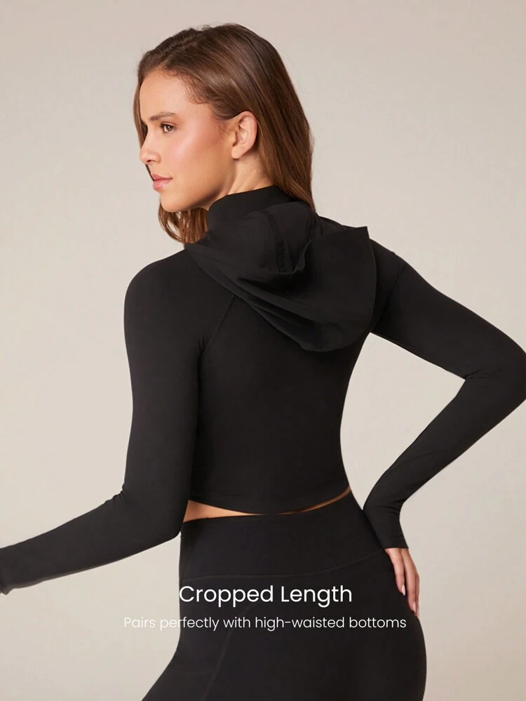 FeatherFit™ Cropped Curve Hem Zip-Up Hooded Long Sleeve Jacket Low Impact Yoga Pilates Daily Spring Summer