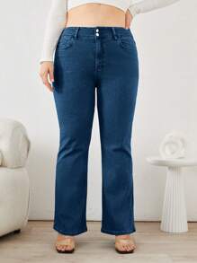 SHEIN Cottnline 98%Cotton Ladies Plus Size Flared Jeans With Slant Pockets - Medium Wash - View 1