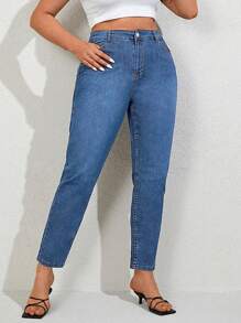 EURMUSE Jeans de talle alto estilo "mom fit" con 98% algodón - Lavado ligero - Ver 1