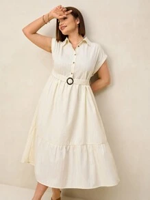 SHEIN Clasi 大码优雅纯色提花衬衫裙 - 杏色 - 查看 5