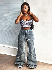 SHEIN Slayr Women Frayed Edge Pocket Loose Fit Casual All-Match Wide Leg Jeans - Blue - View 6