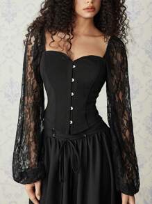 SHEIN MOD Blusa negra de mujer con mangas abullonadas de encaje y cierre a presión, blusas de manga larga, corsés para mujer, atuendos de fiesta para mujeres, camisetas divertidas, camisas de manga larga para mujeres