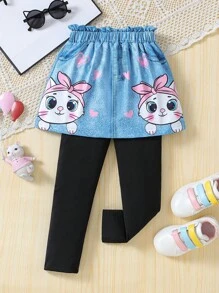 SHEIN Kleine Mädchen Kleid mit Katzen-Muster und Leggings, 2 in 1, leicht, Lässig, vielseitig einsetzbar für Frühling & Herbst