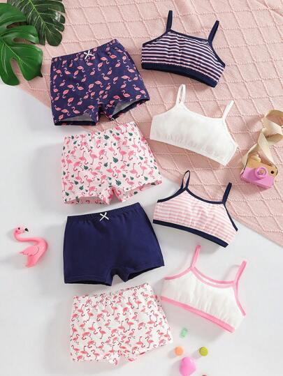 2pcs/Set Young Girls Camisole & Panty Set, & Cute Cartoon Line Pink Series Flamingo Swan Multi-Color Multi-Pack Soft Material