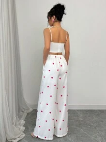 Chiquease Quần ống đứng lưng thun in hình trái tim màu hồng ngày lễ tình nhân cho nữ màu trắng - trắng - Xem 2