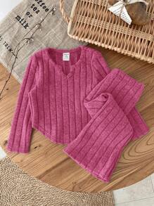 SHEIN LMoss Kids LMoss Baby Girl 2pcs/Set Baby Girl Ribbed Knit Asymmetric Hem Long Sleeve Top And Flared Leg Pants Set, Suitable For Outing, Street Photography, And Sportswear, Autumn/Winter - Hot Pink - View 1