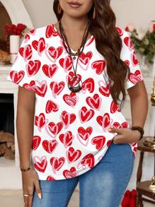 SHEIN Essnce Plus Size Women Heart Print Casual Loose Short Sleeve T-Shirt, Suitable For Summer - White - View 1