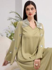 Al Najma 女式长袖水钻装饰简约休闲阿拉伯风格连衣裙，阿拉伯连衣裙，端庄 - 綠色 - 查看 1