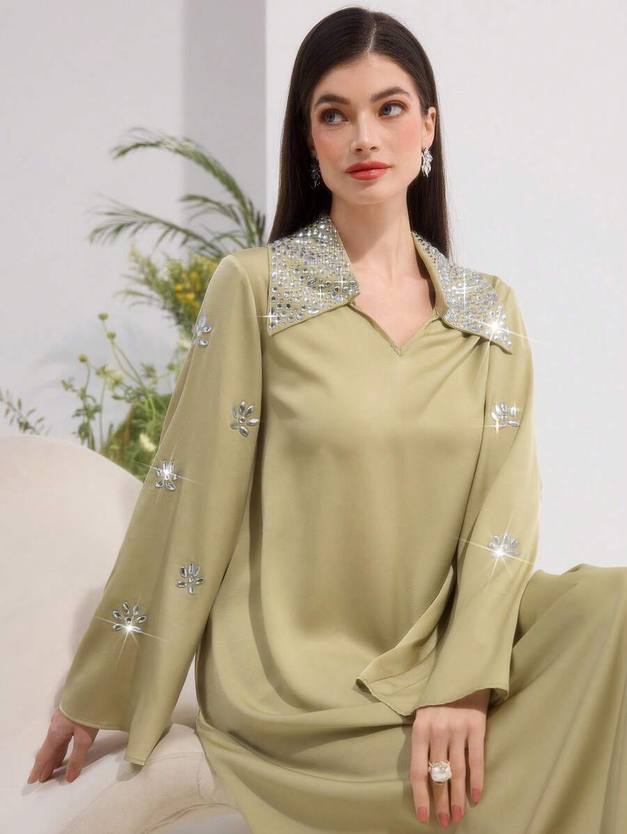 Al Najma 女式长袖水钻装饰简约休闲阿拉伯风格连衣裙,阿拉伯连衣裙,端庄 - 綠色 - 查看 1