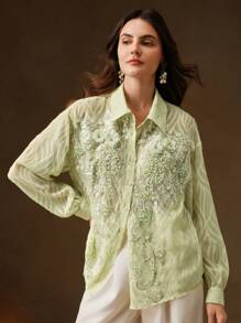 Anewsta Blusa transparente de manga larga, estilo casual, con bordados y cuentas florales, en estilo retro francés, como un conjunto de Año Nuevo