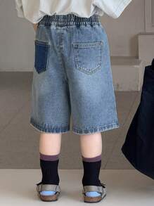 Dazy Kids 年轻男孩纯色拼布口袋简约休闲牛仔短裤 - 藍色 - 查看 6