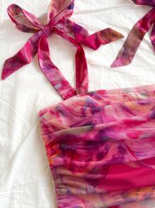 Soleia Top corto con tirantes y nudo delantero en estilo tie-dye, para vacaciones, citas, tardes de té, vacaciones, festivales de música, estilo bohemio - Multicolor - Ver 4