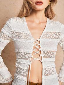 Poéselle Robe longue simple et décontractée à manches longues avec nœud devant, couleur unie. Vêtements bohèmes pour femmes, robe de style bohème, robe en dentelle, tenue bohème, western, Nashville, tenue de concert - Nude - Voir 5