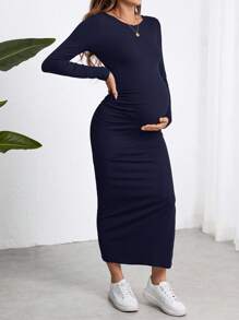 SHEIN Maternity Black Long Slit Blue Dress, Slim Fit Pregnant Women Dress