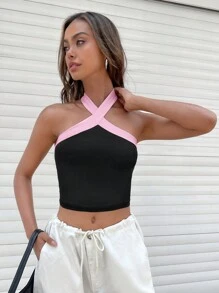 Muchica Women's Contrast Color Patchwork Halter Neck Casual Top, Everyday Wear - Multicolor - View 6