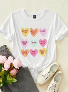 SHEIN EZwear Áo thun tay ngắn cổ tròn rộng rãi họa tiết trái tim nhiều màu sắc dễ thương dành cho mẹ và con gái ngày lễ tình nhân, phù hợp cho mùa hè - trắng - Xem 2