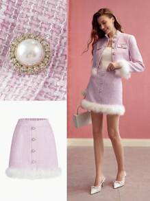 MOTF PREMIUM VÁY TRANG TRÍ CẮT NÚT CÓ VẢI LÔNG TƯƠNG PHẢN - Hồng - Xem 2