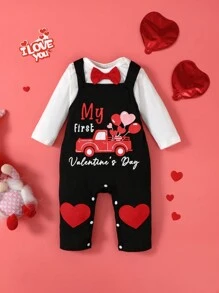 SHEIN 2 件套男婴休闲运动舒适经典黑色套装，紧身衣上衣和工装裤套装，柔软面料，心形印花，适合日常穿着、度假、上学、聚会、春夏秋季情人节 - 黑色 - 查看 8