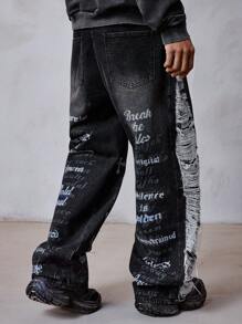 ROMWE MEN Street Life Jeans anchos con estampado de letras desgastados con bolsillo para hombre - Negro - Ver 3