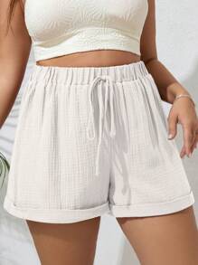 SHEIN VCAY Plus Tie Waist Roll Up Hem Summer Shorts - White - View 5