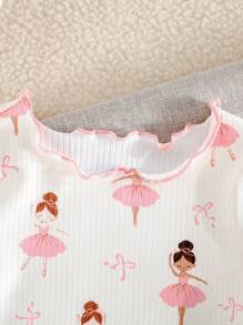 女婴卡通印花荷叶边圆领短袖上衣和裤子柔软亲肤睡衣套装，2 件 - 淺粉色 - 查看 3