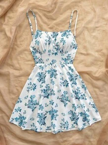 Soleia Váy ngắn chữ A hở lưng in hoa xanh trắng cho nữ, thích hợp mặc ngày lễ, tiệc tùng, mặc lót thu/đông - màu xanh lá - Xem 3