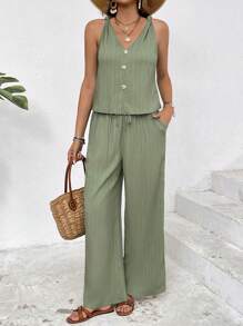 SHEIN Frenchy 2pcs Set Women Solid Color Button Design Camisole And Pants, Solid,Textured Fabrics, Spring/Summer,Sleeveless Tank Top And Loose Trousers Two-Piece Set,Green