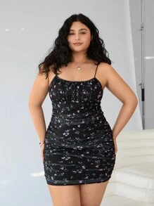 SHEIN EZwear Plus Size Minimalist Spaghetti Strap Allover Print Casual Short Dress - Black - View 5