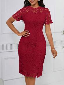 SHEIN Lady 女士纯色圆领短袖镂空休闲修身直筒连衣裙