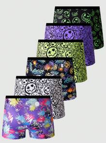 6pcs/Set Teenage Boy Stylish Smiling Face Print Elastic Waist Band Boxers, Casual Sports Underwear For College & High School Students - Multicolor - View 2
