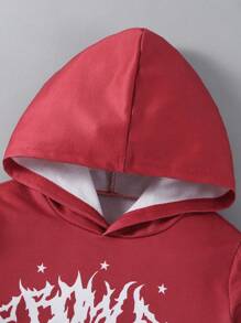 Set de 2 piezas de outfit deportivo casual para niños, incluye sudadera con capucha de punto elástica con estampado de estrellas y pantalones bicolor, cómodo y con estilo, adecuado para viajar, correr, vacaciones, otoño/invierno