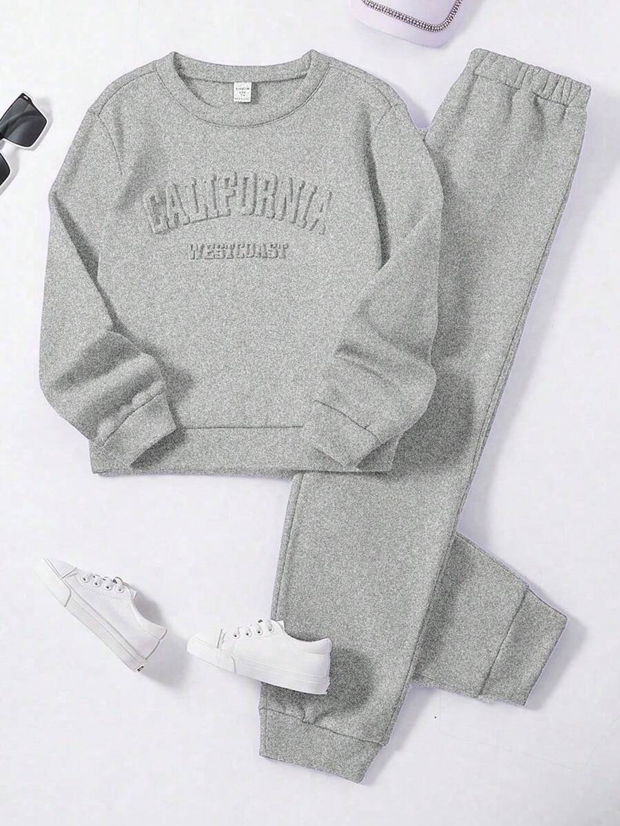 SHEIN 2 Pcs Set Young Girl Casual Elegant Collegiate Style Outfit - Grey - View 1